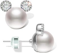 Round .44ct White Topaz & Pearl Mouse Earrings