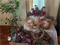 Assortment of silk arrangements, wreaths and