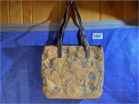 Bueno Suede Purse w/Embroidery, Dbl Handles,