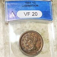 1851 Braided Hair Large Cent ANACS - VF20