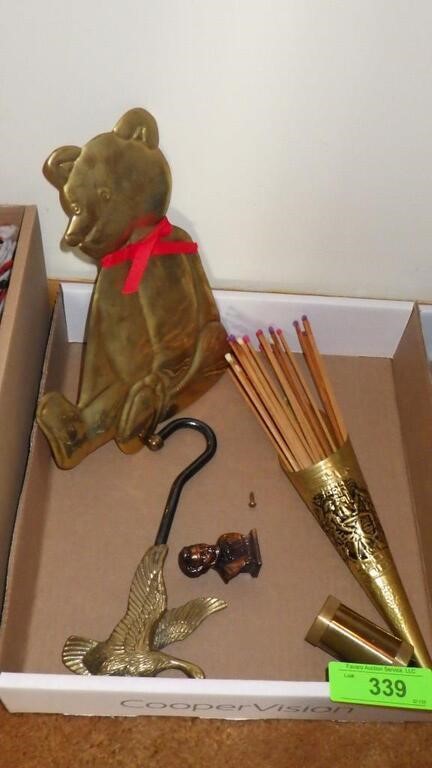 BRASS BL- DUCK HOOK, MATCH HOLDER, BEAR PLAQUE >>>