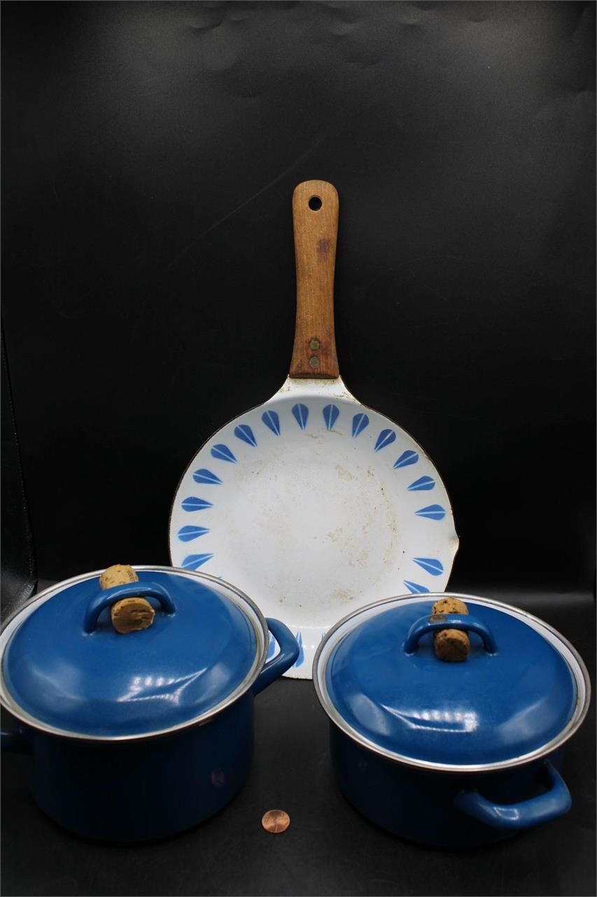 3 Pcs. Vtg. Danish Skillet, Blue Enamel Cookware