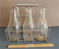Vintage Metal Milk Jar Basket & 6 Milk Jars