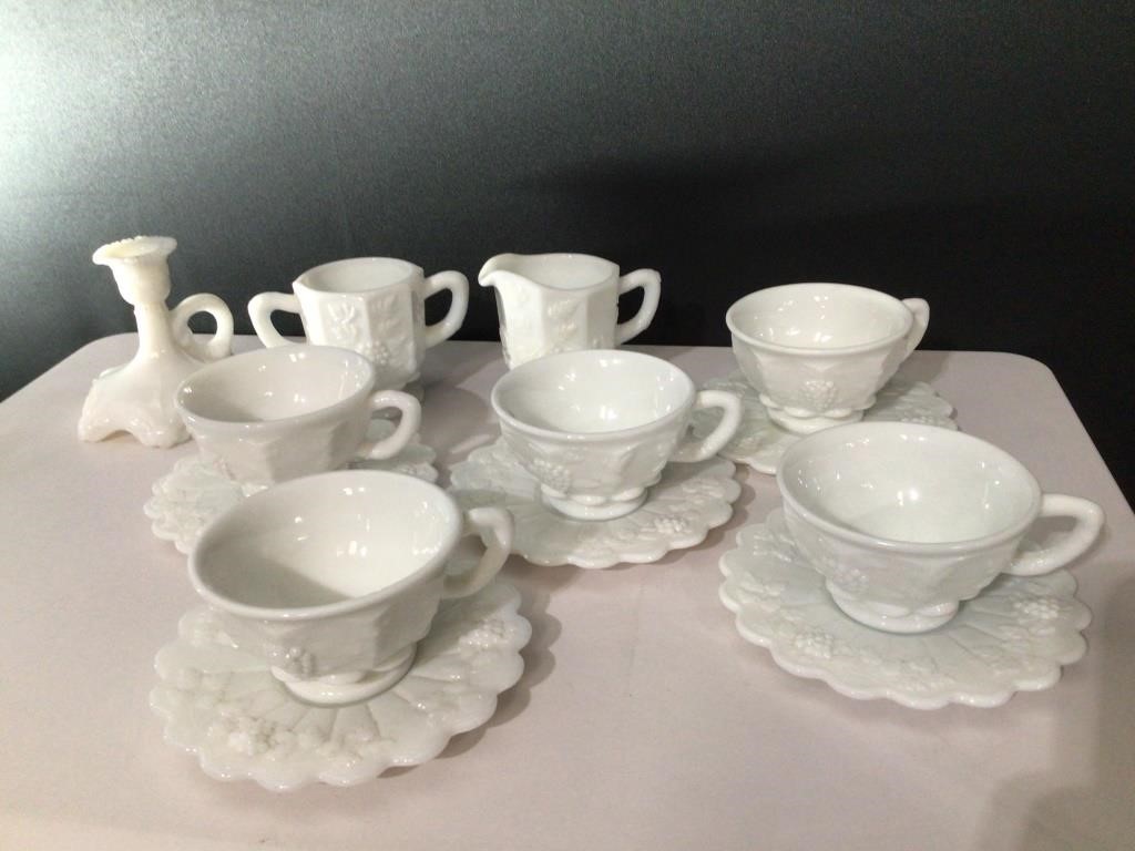 (13) Westmoreland Milk Glass Cups,Saucer