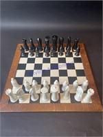 Vintage Handmade Porcelain Chess Pieces & Board