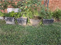 3 concrete square planters w plastic planter