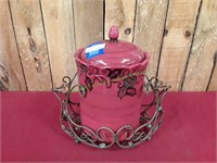 Red Holiday Canister w/ Lid & Metal Stand