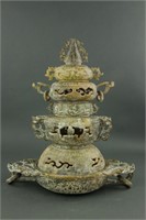 Chinese Archaistic Jade Carved Tiered Tower Censer