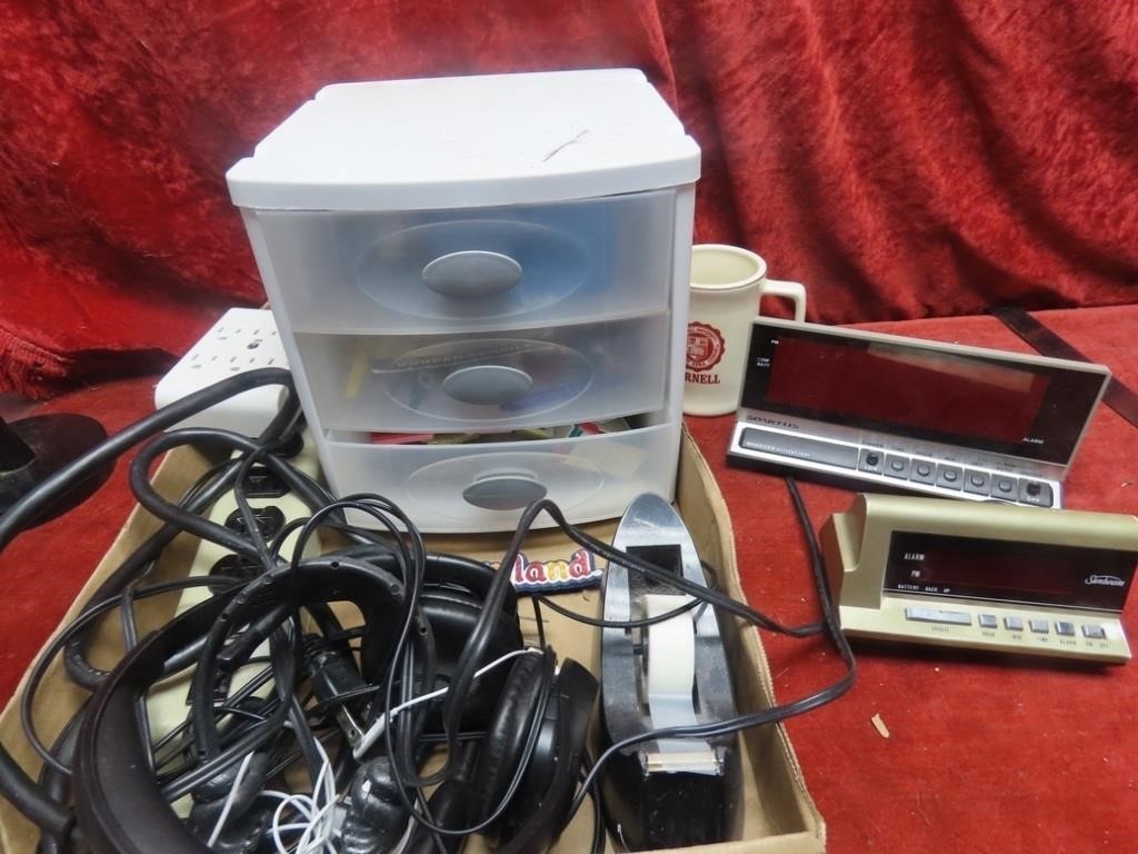 Power strip, storage box, alarm clocks, misc.