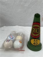 Castrol tin top restored & 4 golf balls