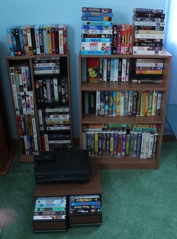 2 Wooden Shelves w/ VHS Collection & VHS Player