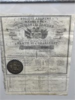 1800’s Stock Certificate Framed in Silver Frame