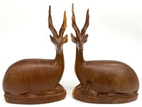 Pair Hand Carved Wood Gazelle Figures
