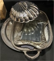 Silverplate Trays, Bird Clam Bowl, Mirror Frame.