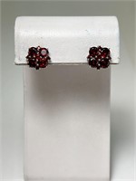 Sterling Garnet Cluster Stud Earrings 4.5 Grams