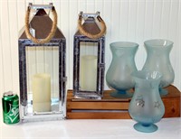 2 Metal Decor Lanterns & 3 Blue Shell Vases