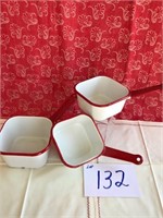Red & white enamel (3) square sauce pans