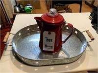 Decorative Galvanized Tray, Red Enamel Coffee Pot