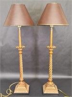 Two Brass Colored Stick Lamps with Brown Shades
