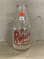 Ryder's Vtg Glass Milk Bottle