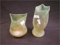 Dugan Glass (glows) green frit pinched vases, 5"