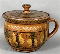 Folk art slipware decorated redware lidded batter