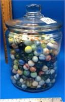 Nice Lidded Glass Jar Full Of Vintage Marbles
