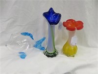 (3) ART GLASS VASES AND FISH 10" TALLEST