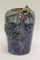 Oriental Earthenware Faience Vase w Frog & Grapes