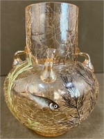 6" Moser Fish Enamel Decorated Crackle Glass Vase