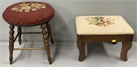2 Wood Footstools Needlepoint Upholstery