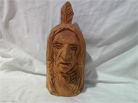 WOOD CARVED NATIVE AMERICAN HEAD, 13 1/2" T