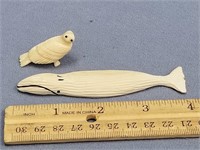 2 ivory carvings, one owl with inset baleen eyes a