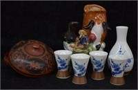7 pcs. Sake Set & Asian Pottery & Lacquer Bowl