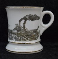 Antique Porcelain Mustache Mug w/ Steamboat Design