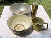 Vintage Sifter, Bowls And Tin