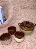 Bean Pot with Lid and 3 small bowls