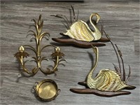 Brass lot - vintage sconce, two swans in cat tails