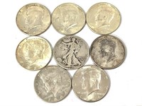 7 Kennedy Half Dollars 1964, 1 WL Half, US Coins