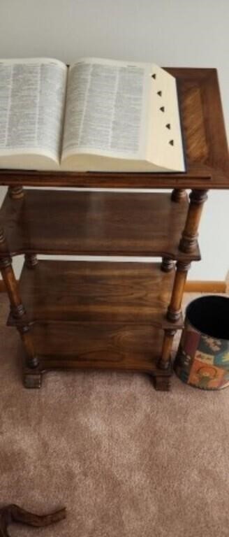 Wooden book stand with dictionary and wastebasket