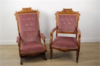 PAIR OF ANTIQUE PLUSH WOODEN CHAIRS