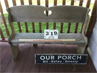 Decorative bench, wood sign