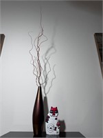Cat Figuine of wood w/Ceramic Vase