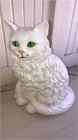 White ceramic cat sitting down with green eyes 12