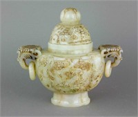 Chinese White Jade Carved Archaic Censer w/ Cover