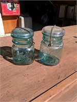 2 antique Ideal Green Ball Jars with Lids