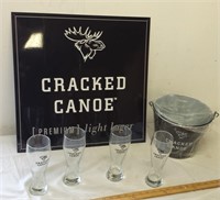 Cracked Canoe Beer Sign, Ice Bucket & Glass Lot