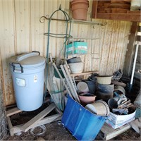 TRASH CAN, FLOWER POTS, WATER HOSES, TUBS, CHAIRS