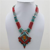 Tibet Hand Made Natural Turquoise & Coral Necklace