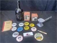 Miscellaneous pins and bottles